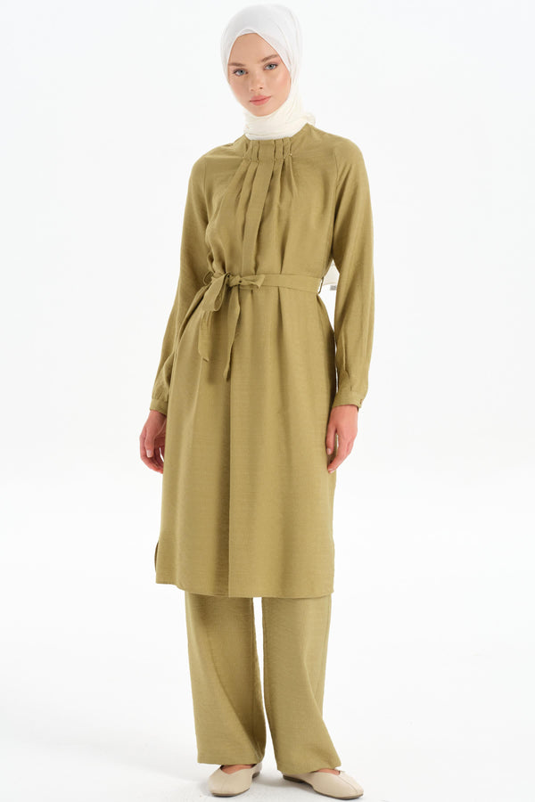 Pleated Collar Tunic Trouser Set - Olive