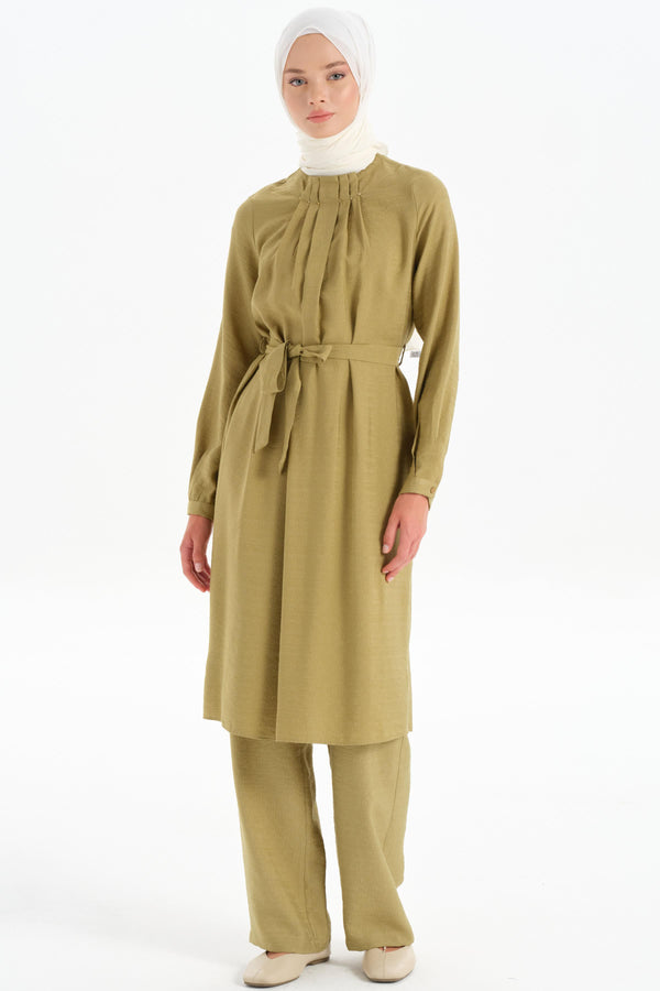 Pleated Collar Tunic Trouser Set - Olive