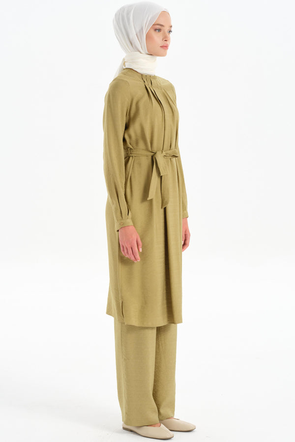 Pleated Collar Tunic Trouser Set - Olive