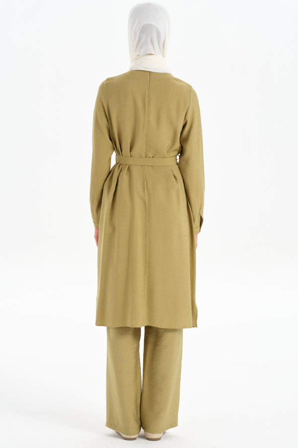 Pleated Collar Tunic Trouser Set - Olive