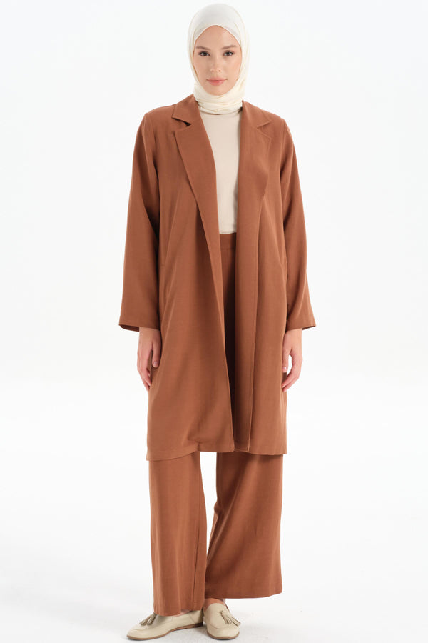 Slit Detailed Long Jacket - Brown