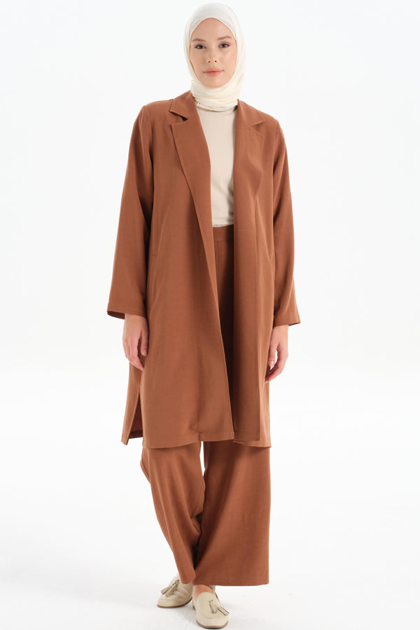 Slit Detailed Long Jacket - Brown