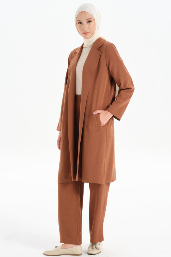 Slit Detailed Long Jacket - Brown