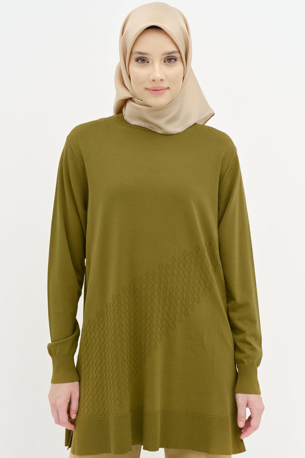 Yırtmaçlı Triko Tunik - Olive