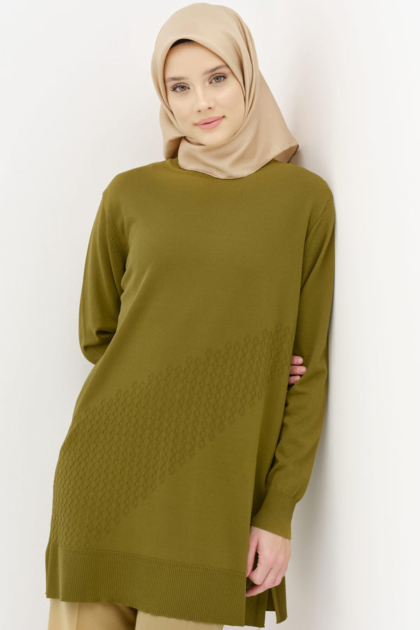 Yırtmaçlı Triko Tunik - Olive