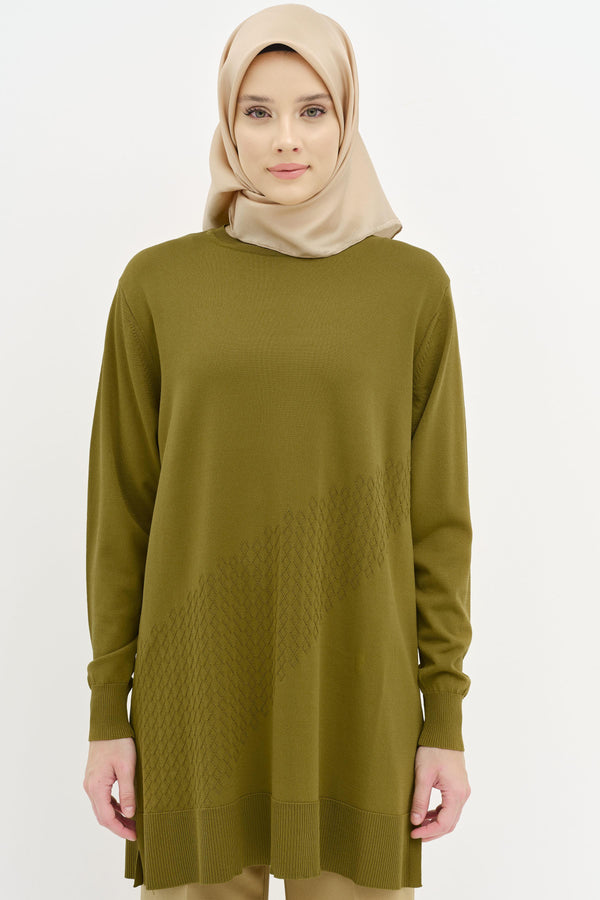 Yırtmaçlı Triko Tunik - Olive