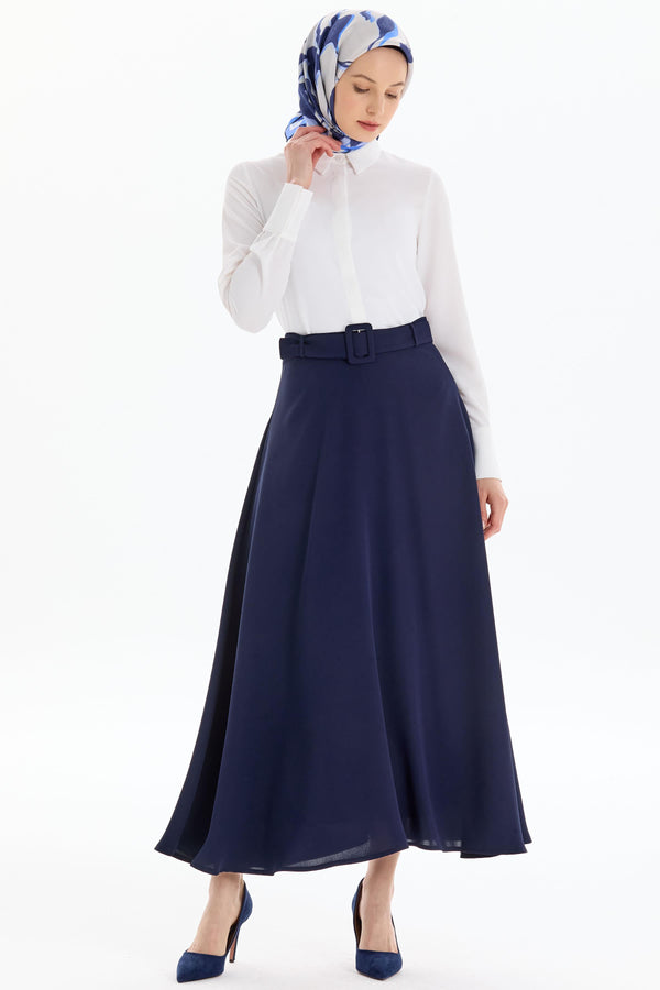 High Waist Belted Flared Skirt - Navy Blue