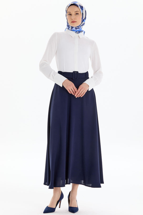 High Waist Belted Flared Skirt - Navy Blue