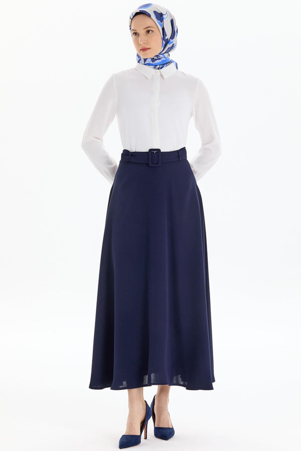 High Waist Belted Flared Skirt - Navy Blue