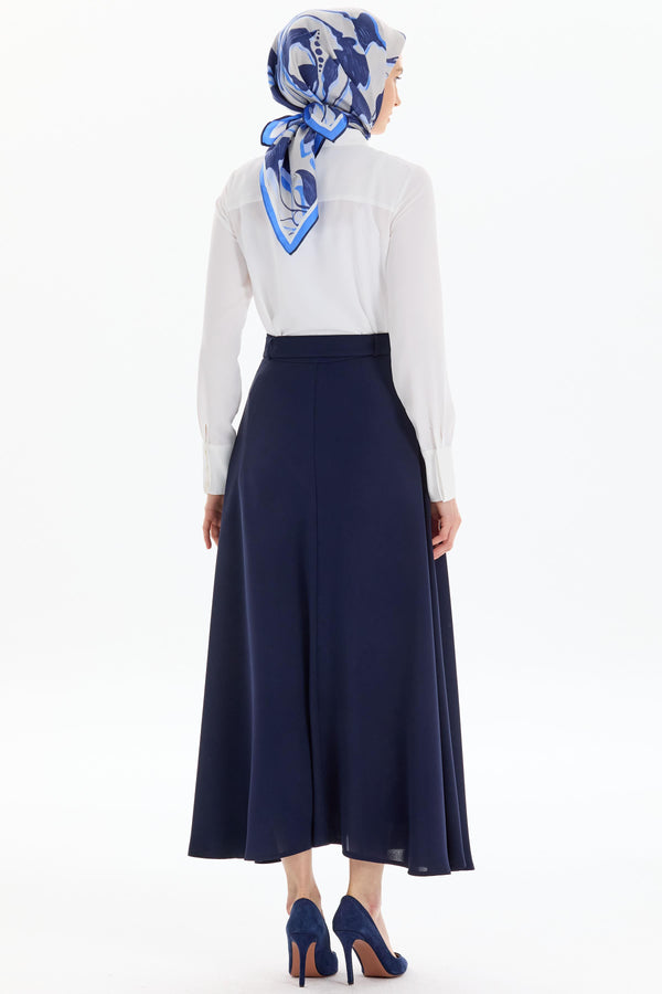 High Waist Belted Flared Skirt - Navy Blue