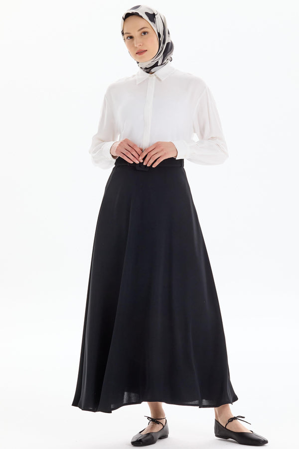 High Waist Belted Flared Skirt - Black