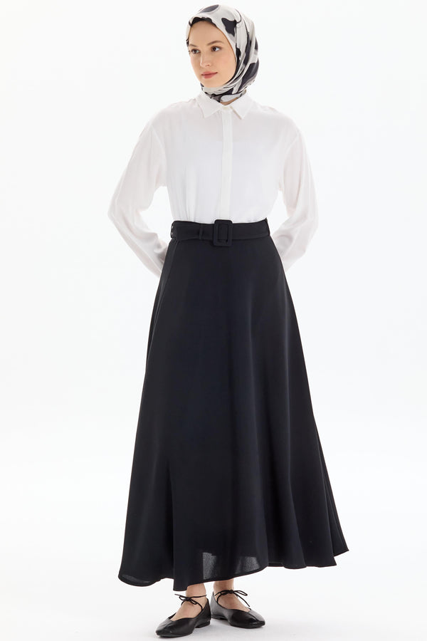 High Waist Belted Flared Skirt - Black