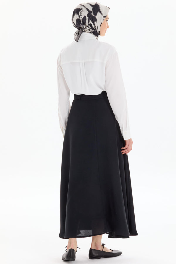 High Waist Belted Flared Skirt - Black