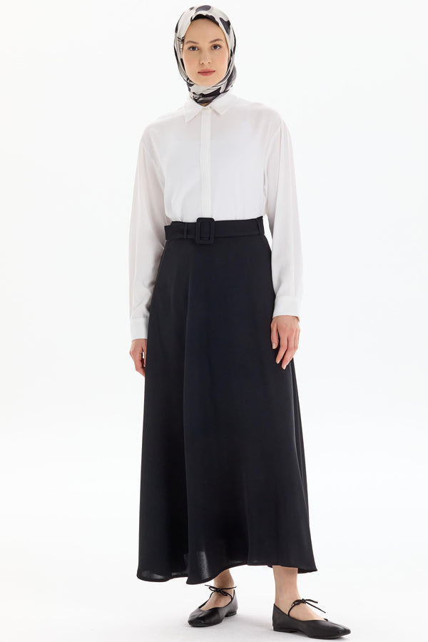 High Waist Belted Flared Skirt - Black