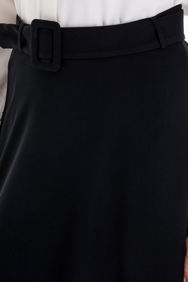 High Waist Belted Flared Skirt - Black